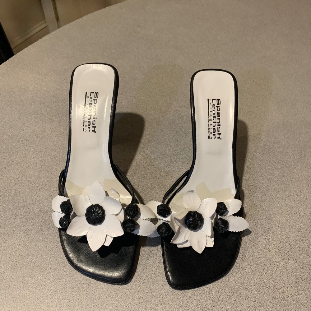 Sergio Zelcer Spanish Leather Collection Black/White Slide Sandals sz 8 M
